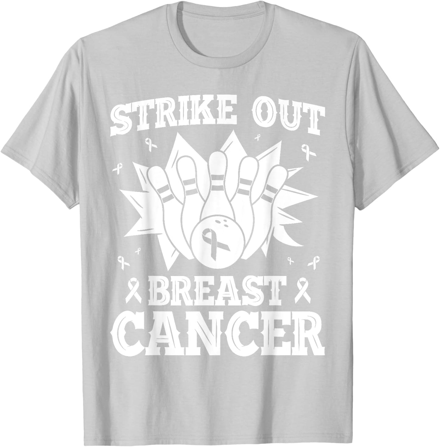 Strike Out Bowling Pink Ribbon Breast Cancer Awareness T-Shirt - T-Shirt | Ash