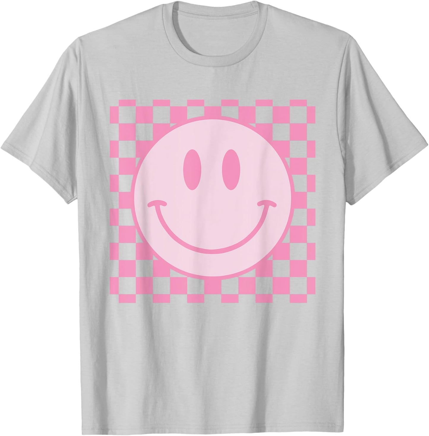 Retro Happy Face Shirt Checkered Pattern Smile Face Trendy T-Shirt - T-Shirt | Ash