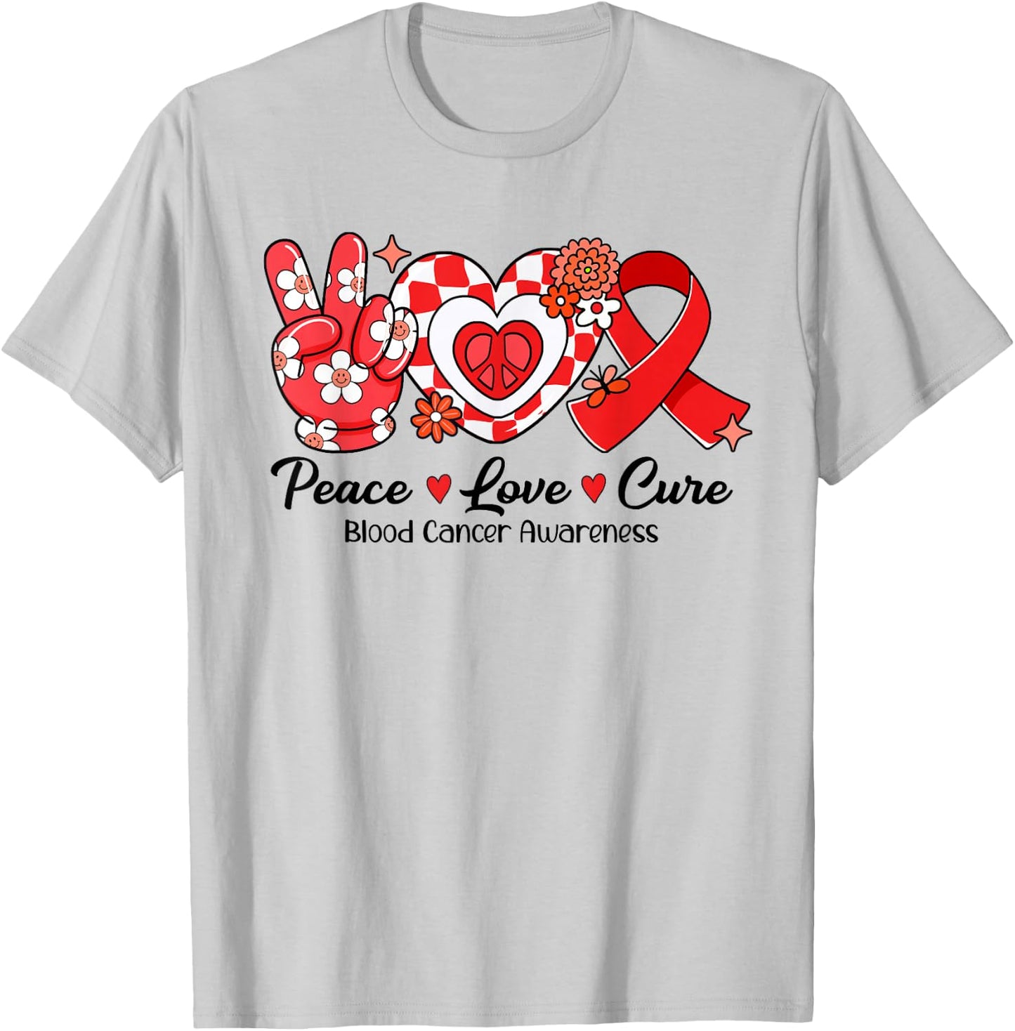 Retro Groovy Peace Love Cure Blood Cancer Awareness Gifts T-Shirt - T-Shirt | Ash