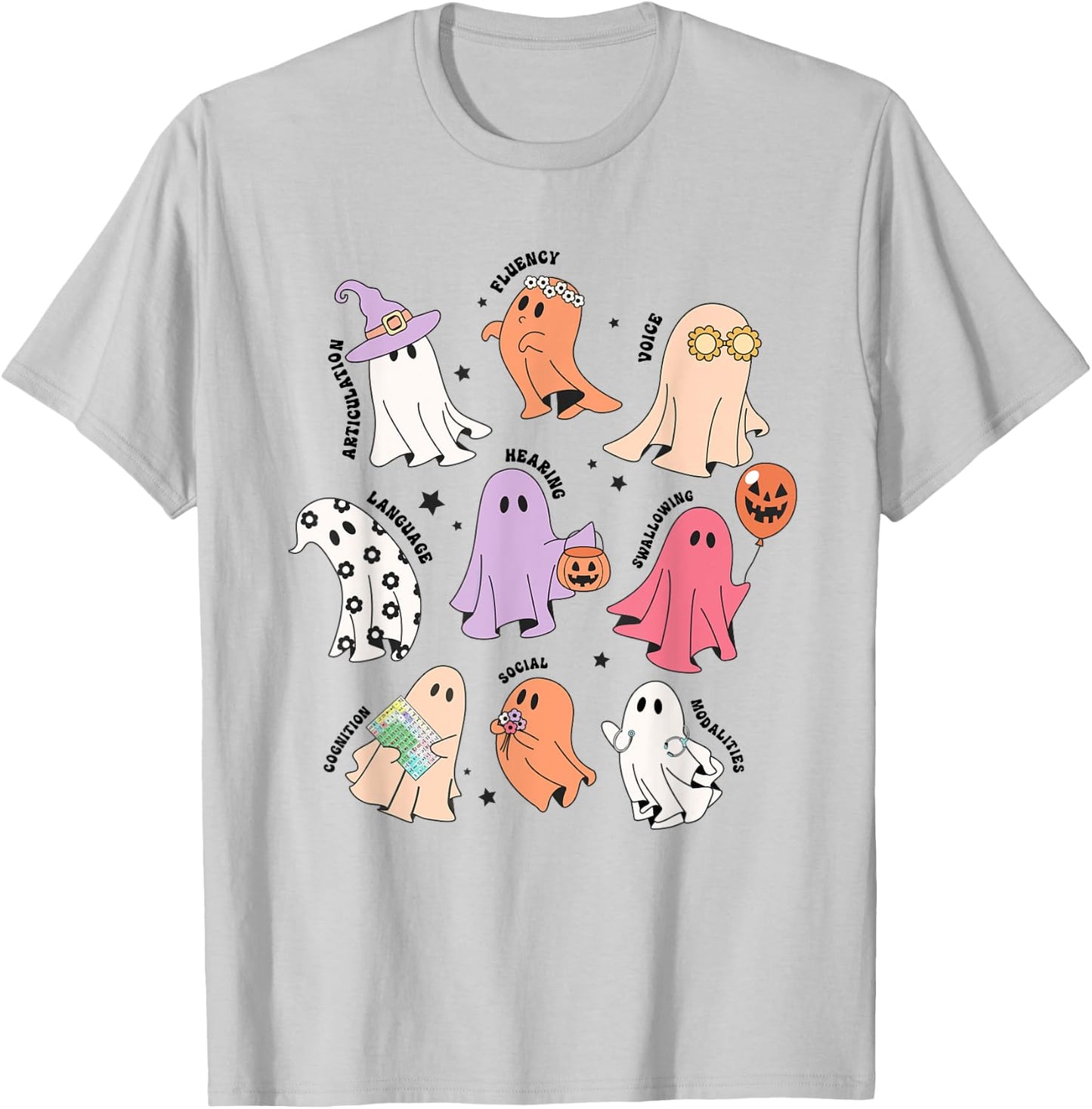 Ghost Friends Halloween AAC SLP Squad Speech Language T-Shirt - T-Shirt | Ash