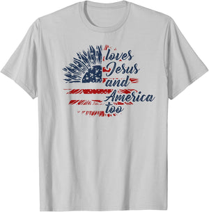 Loves Jesus and America Too 4th of July God Christian T-Shirt - T-Shirt | Ash