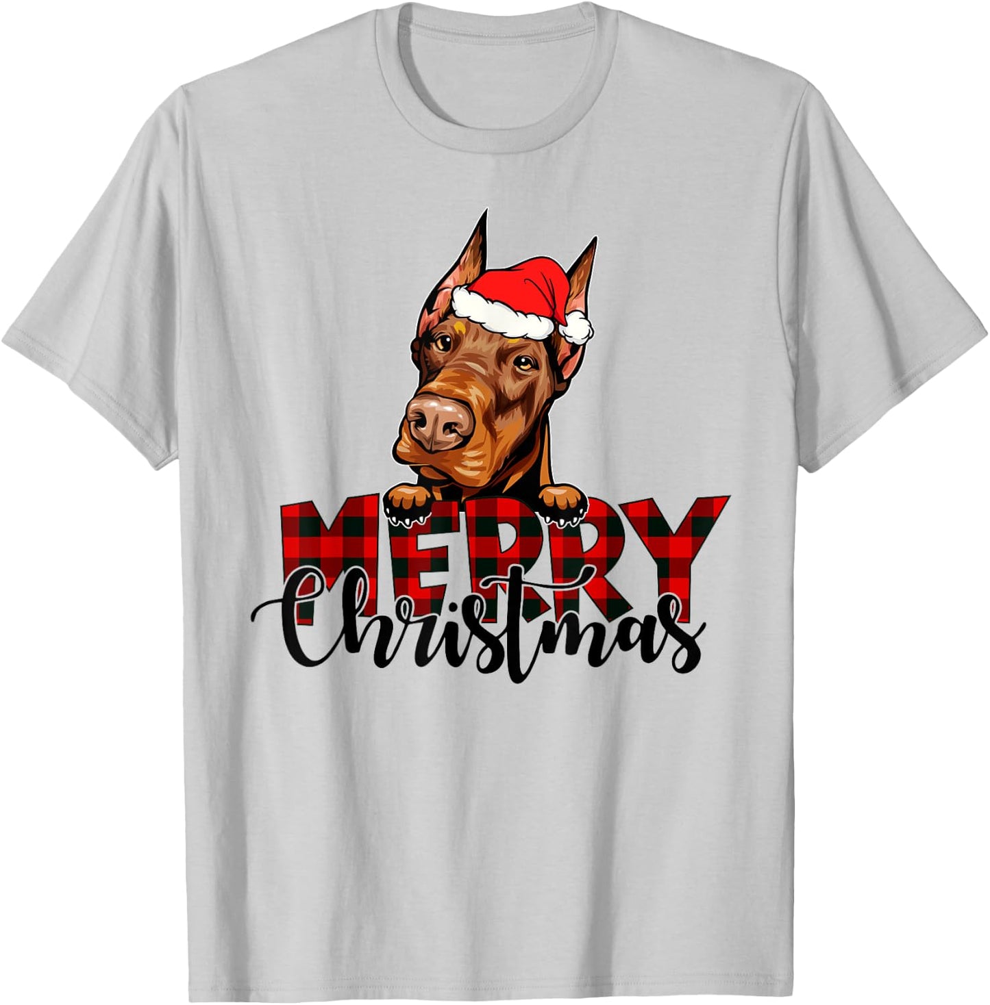 Merry Christmas Doberman Dog Christmas Red Plaid Santa Hat T-Shirt - T-Shirt | Ash