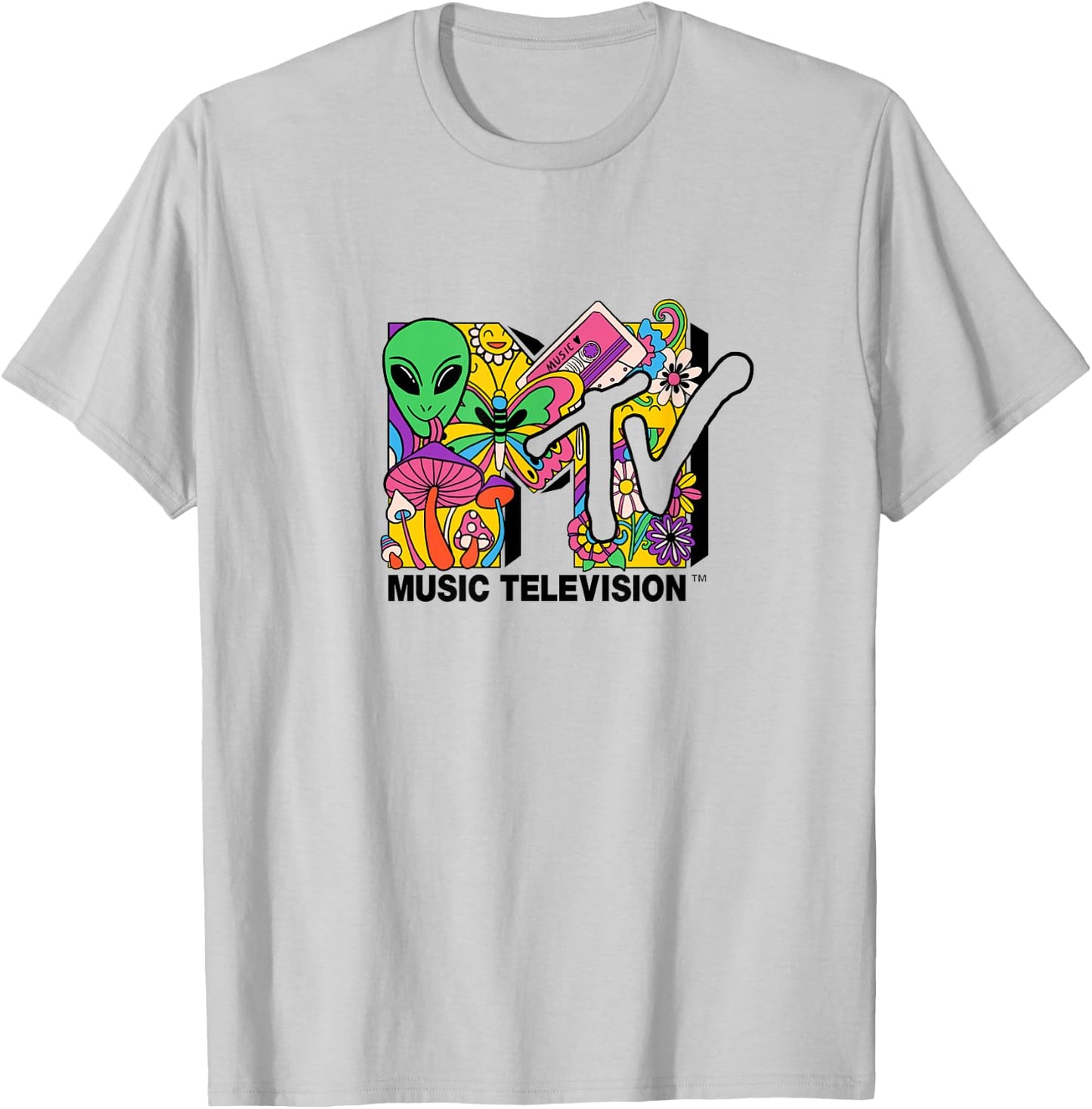 Mademark x MTV - The official MTV Logo with mushrooms aliens and flowers T-Shirt - T-Shirt | Ash