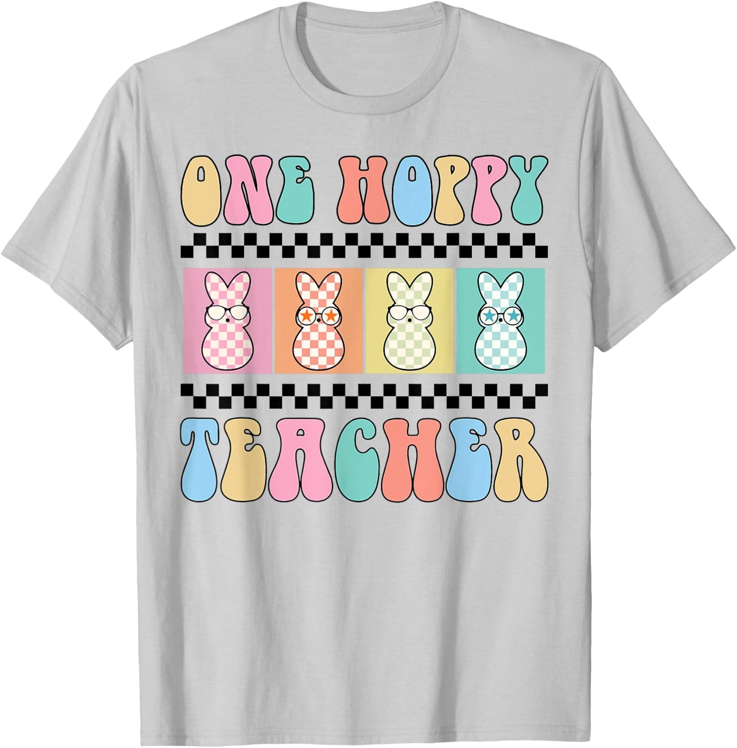One Hoppy Teacher Bunny Easter Day Groovy Retro Boy Girl T-Shirt - T-Shirt | Ash