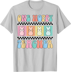 One Hoppy Teacher Bunny Easter Day Groovy Retro Boy Girl T-Shirt - T-Shirt | Ash
