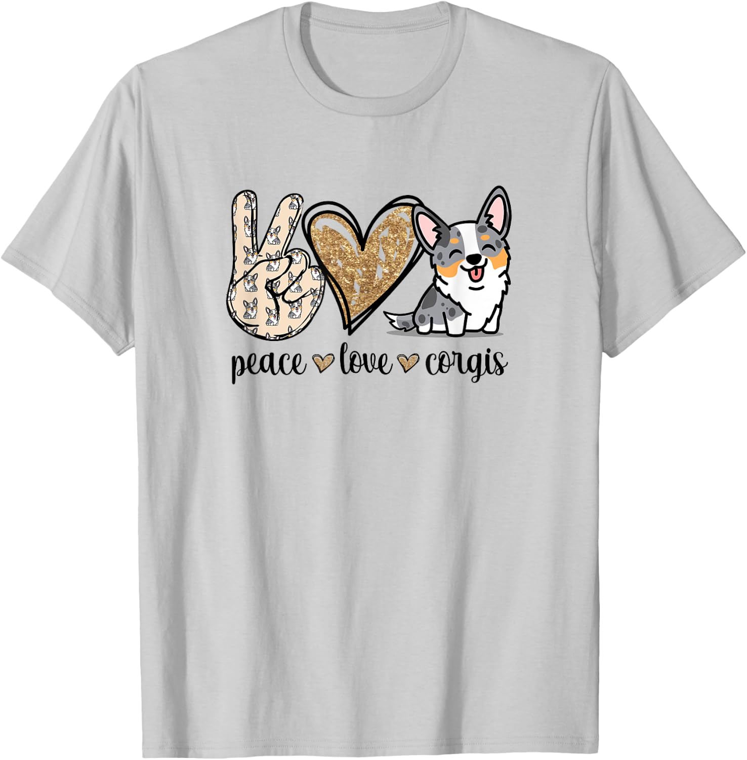 Funny Kawaii Peace Love Cardigan Blue Merle Corgi Lover T-Shirt - T-Shirt | Ash