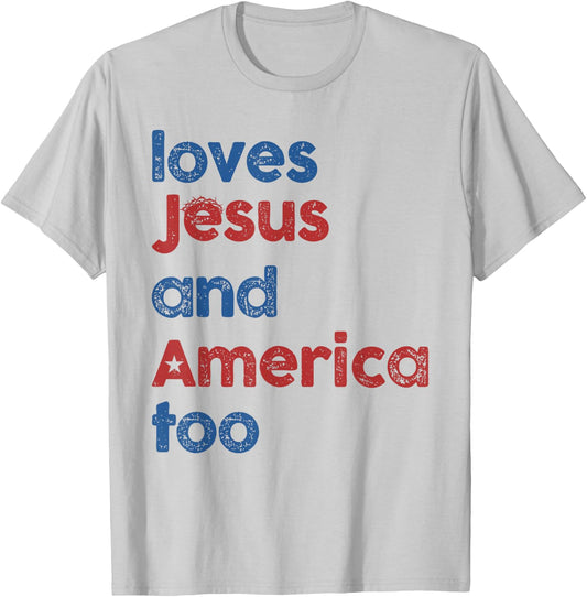Retro Loves Jesus and America Too 4th Of July Gifts T-Shirt - T-Shirt | Ash
