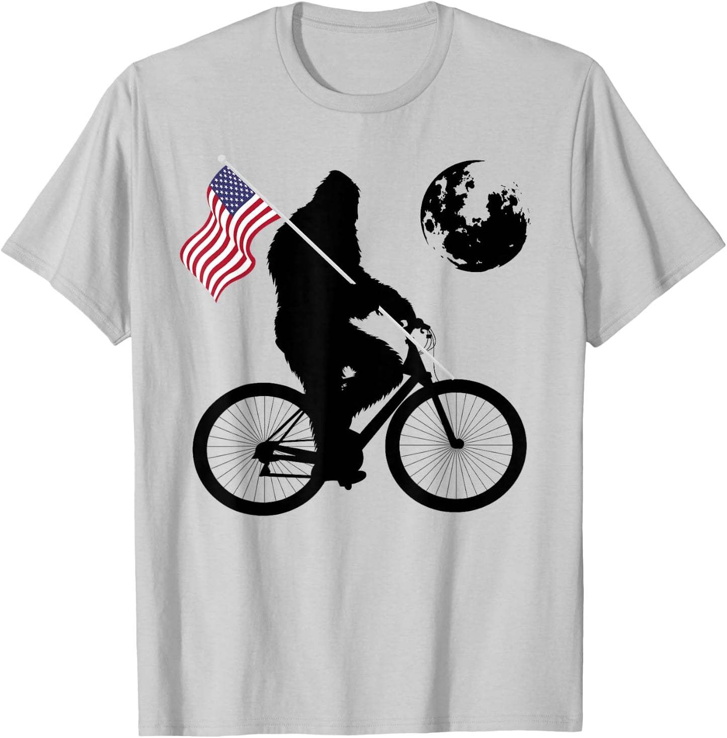 Funny Bigfoot Riding Bike For Bikers Sasquatch American flag Women Kids Men T-Shirt - T-Shirt | Ash