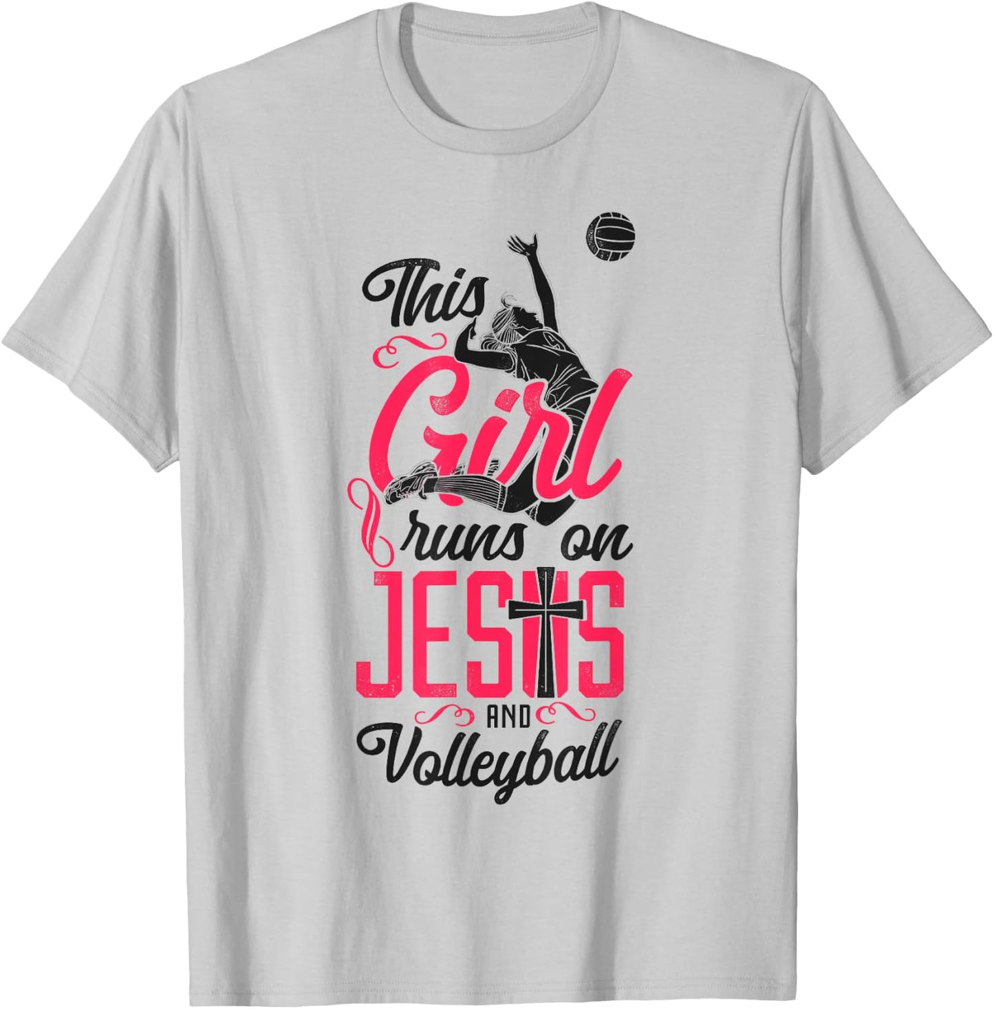 Volleyball Player Team Vintage This Girl Runs On Jesus And T-Shirt - T-Shirt | Ash