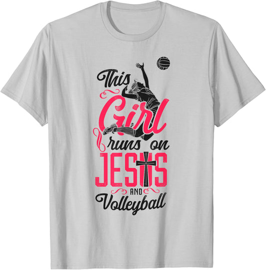 Volleyball Player Team Vintage This Girl Runs On Jesus And T-Shirt - T-Shirt | Ash