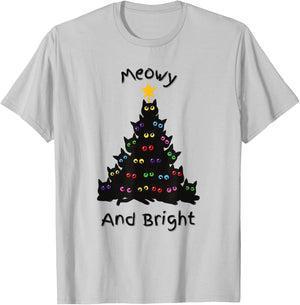 Merry Christmas Tree Funny Cats Holiday | Meowy And Bright T-Shirt - T-Shirt | Ash