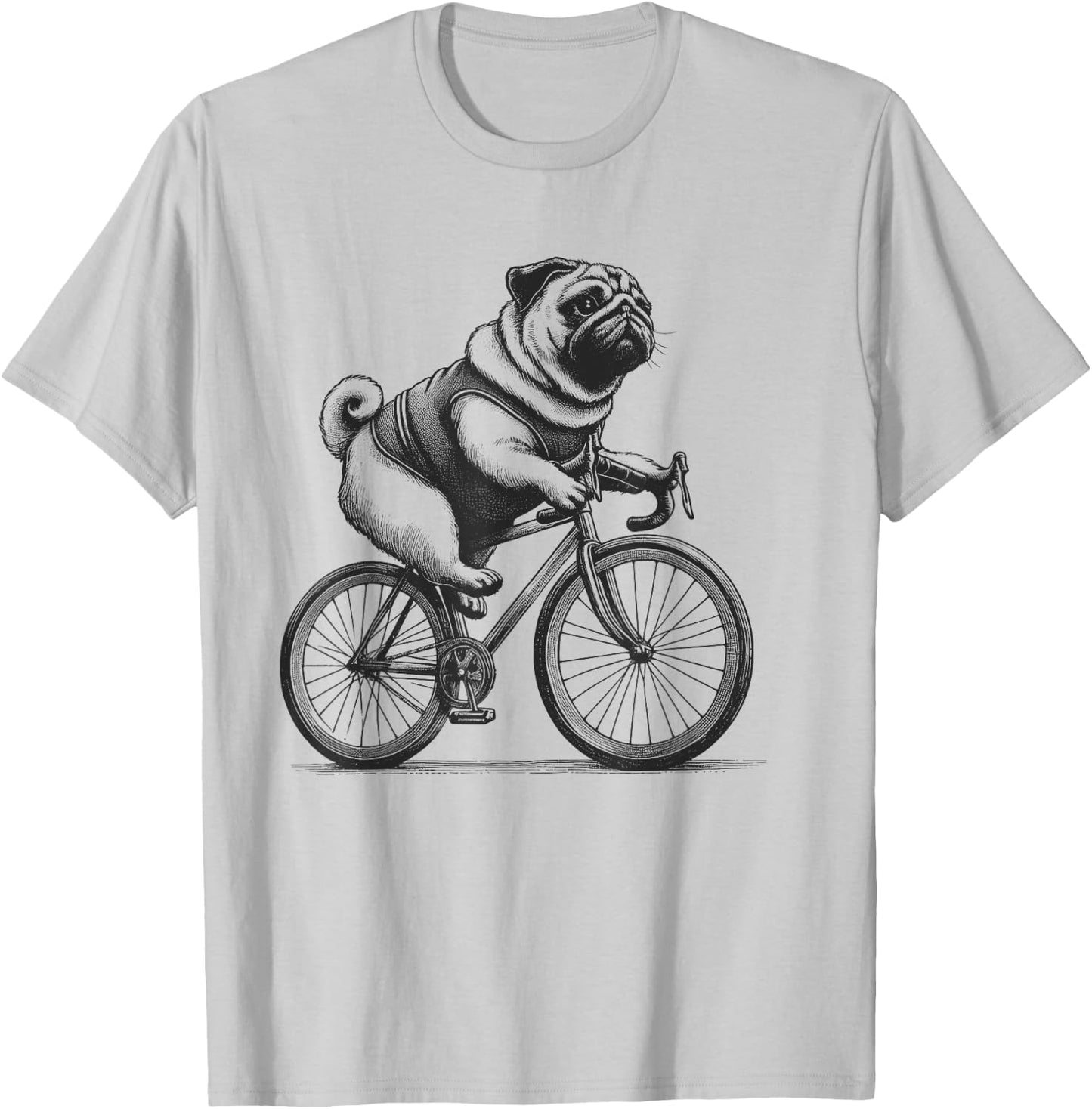 Pug Dog Riding a Bike Bicycle Biker Cycling T-Shirt - T-Shirt | Ash