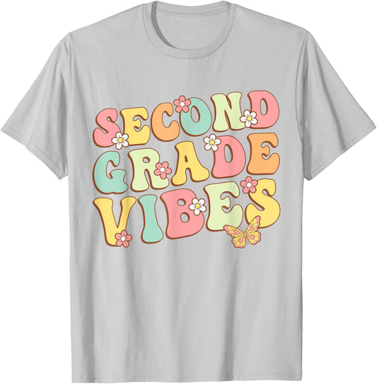 Second Grade Vibes Hello Team 2nd Grade Teacher Kids Retro T-Shirt - T-Shirt | Ash