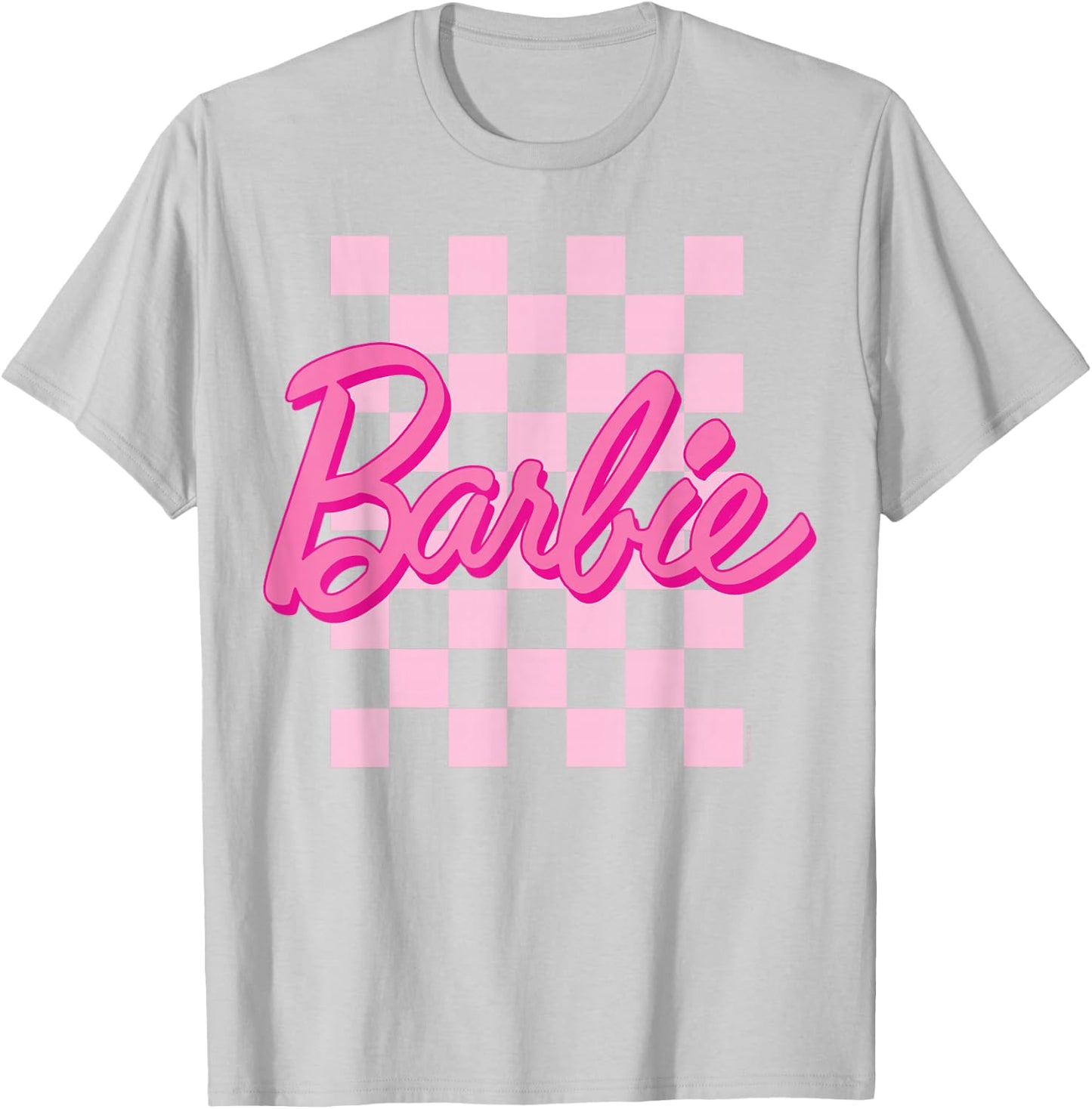 Barbie - Barbie Logo Checkered Background Short Sleeve , Small T-Shirt - T-Shirt | Ash