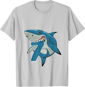 7th Birthday Shark 7 Year Old Birthday Shark Theme Party T-Shirt - T-Shirt | Ash