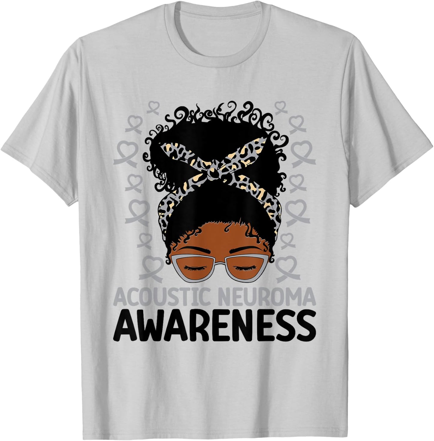 Acoustic Neuroma Awareness Women Messy Bun Gray Ribbon T-Shirt - T-Shirt | Ash