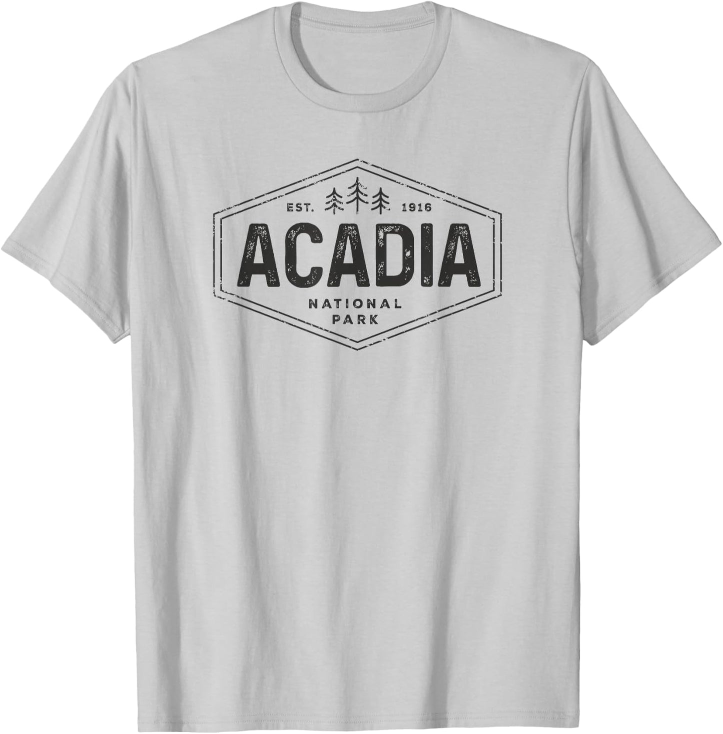 Acadia National Park Shirt Vintage Tree Hexagon Badge Hiking T-Shirt - T-Shirt | Ash