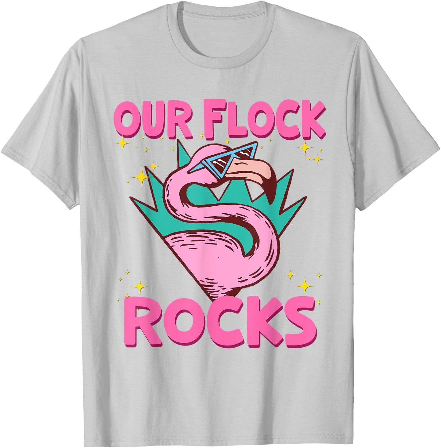 Our Flock Rocks Flamingo Matching Family Vacation Group T-Shirt - T-Shirt | Ash