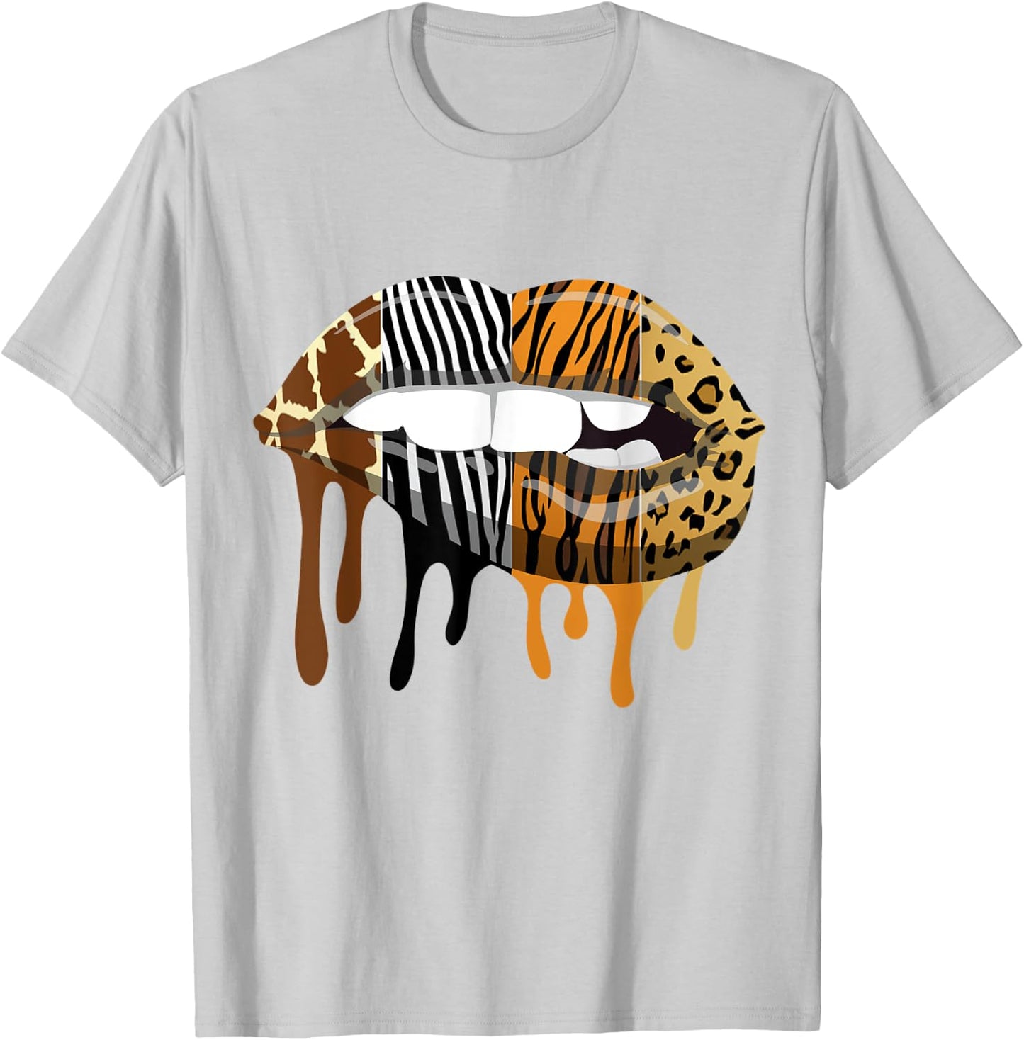 Sexy Biting Lips Animal Print Leopard Tiger Giraffe Zebra T-Shirt - T-Shirt | Ash
