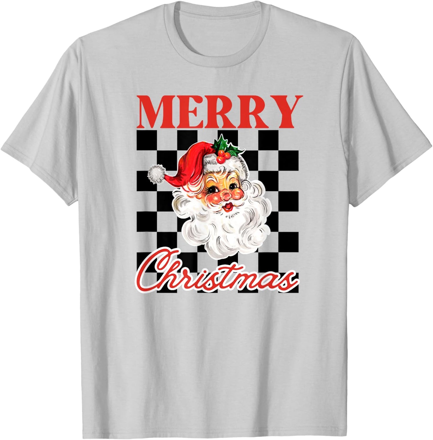 Retro Merry Christmas Checkered Vintage Santa T-Shirt - T-Shirt | Ash