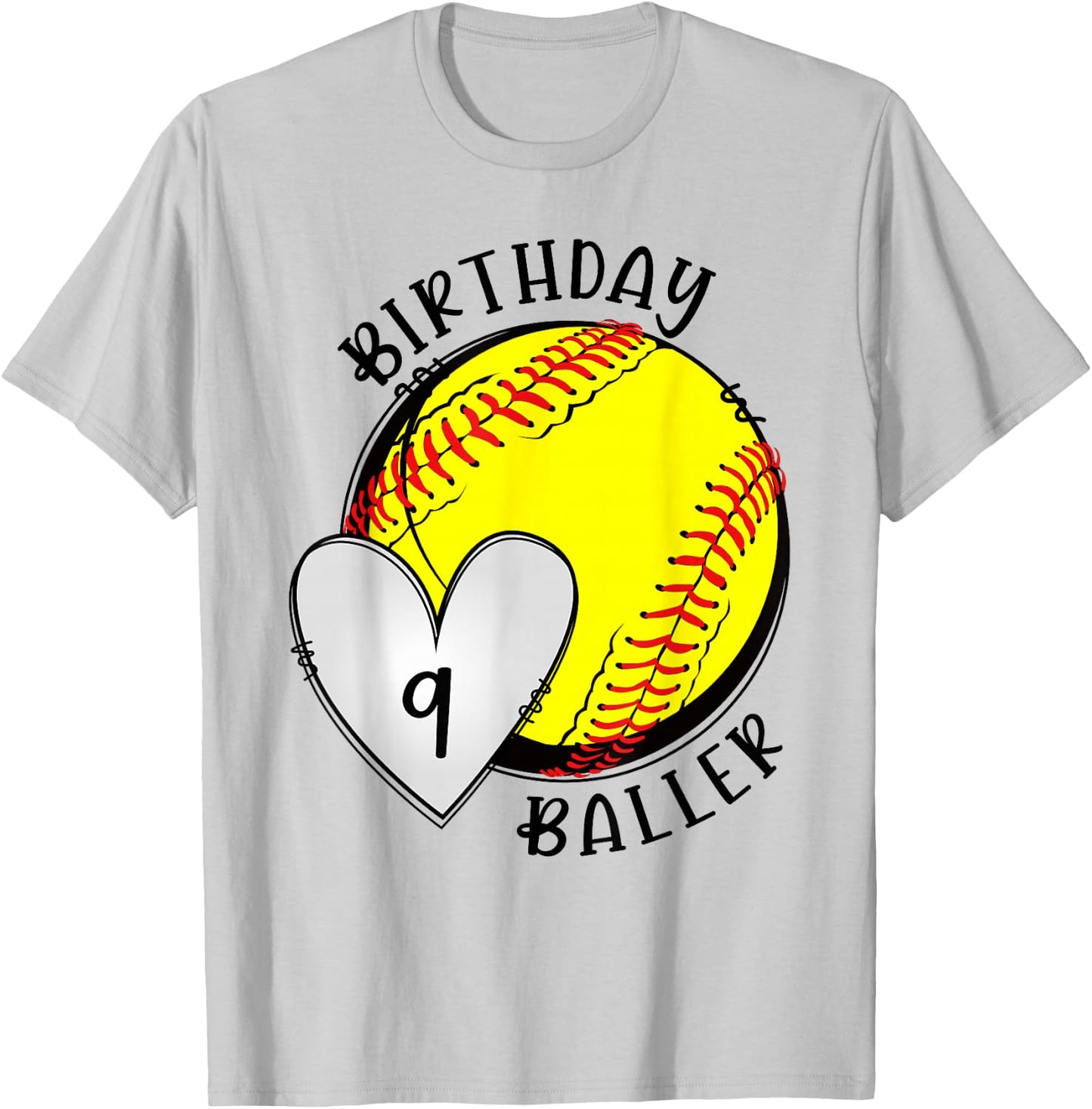 9th Birthday Softball Girl Nine Year Old Softball Player T-Shirt - T-Shirt | Ash