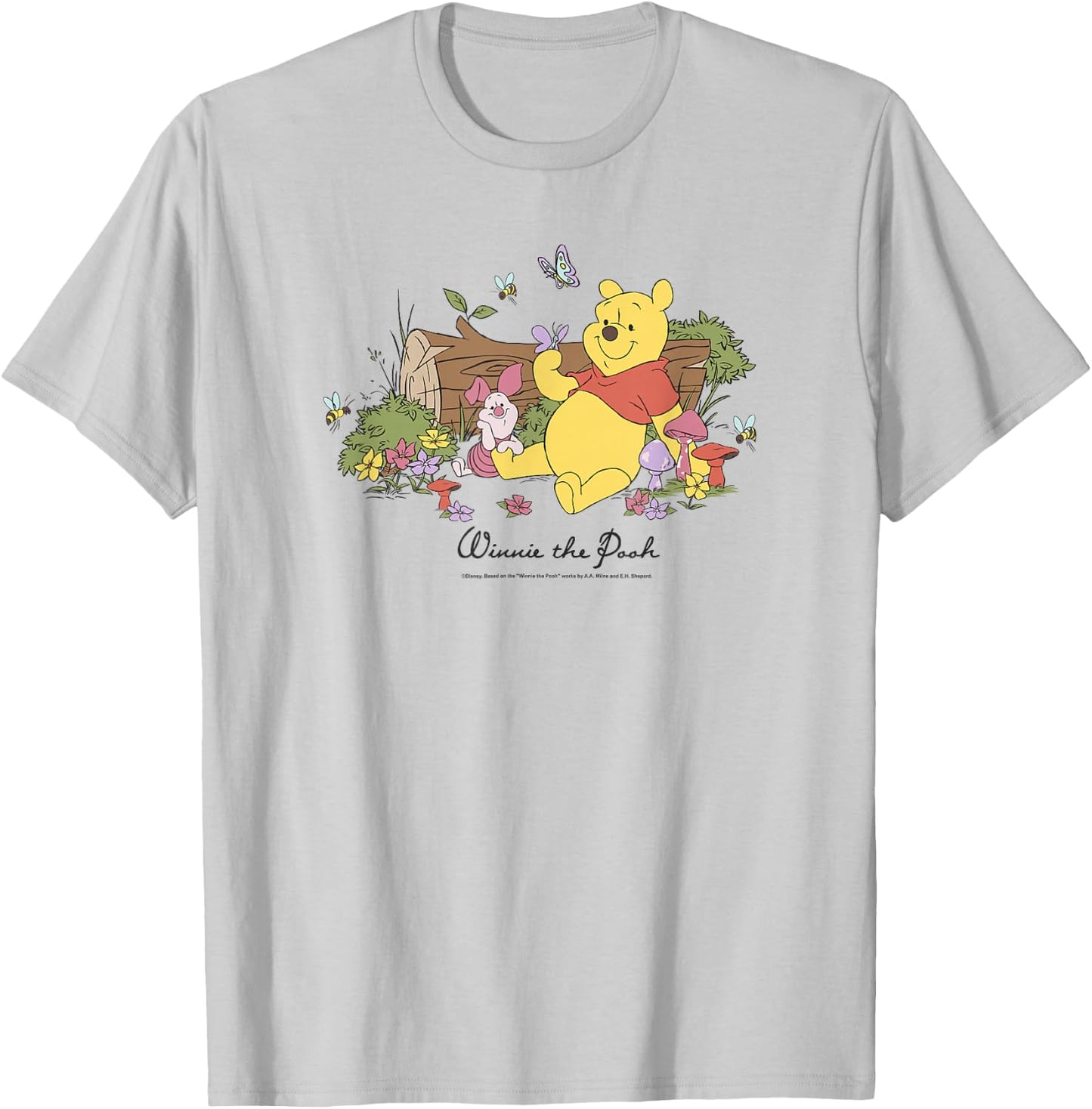Disney Winnie The Pooh Piglet and Pooh Floral Butterfly Small T-Shirt - T-Shirt | Ash