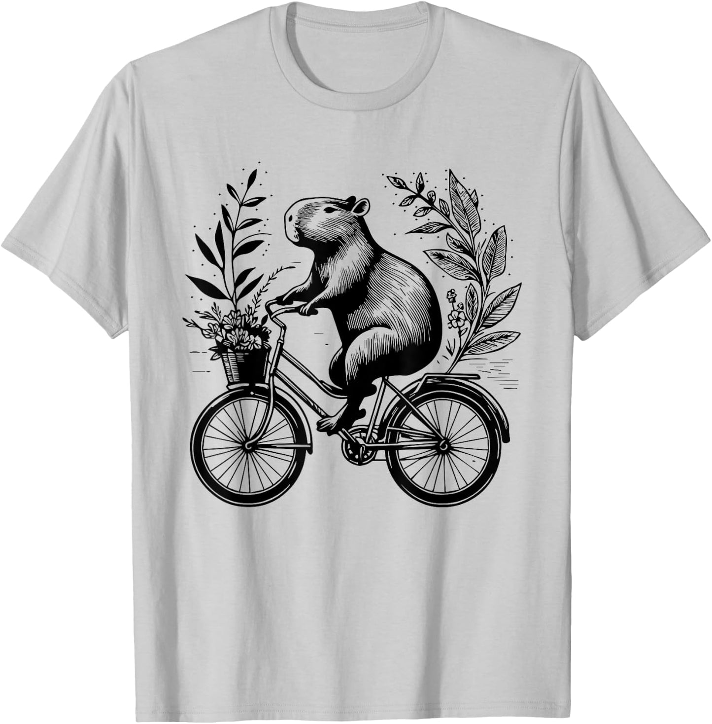 Capybara Riding Bicycle Floral Aesthetic Redent Capybara T-Shirt - T-Shirt | Ash