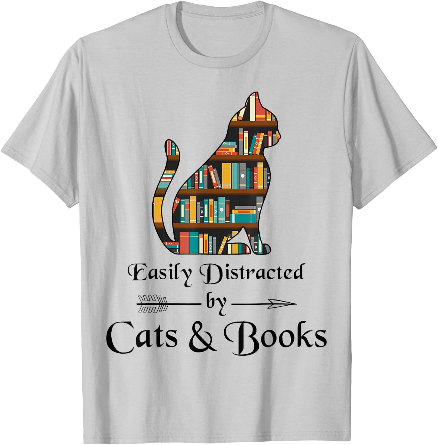 Easily Distracted By Cats And Books Cat Book Lover Cute Cat T-Shirt - T-Shirt | Ash