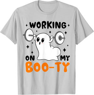 Working On My Booty funny Halloween Gym Ghost Boo-ty T-Shirt - T-Shirt | Ash