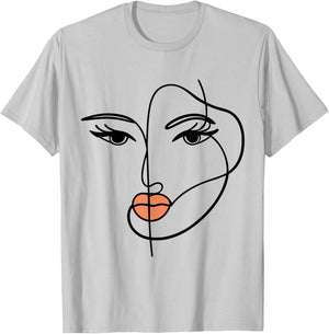 Line Art Girl Face Abstract Art Minimalist One Line Minimal T-Shirt - T-Shirt | Ash