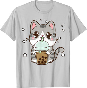 Cat Boba Bubble Tea Cute Kawaii Anime Teen Girl Kids Graphic T-Shirt - T-Shirt | Ash