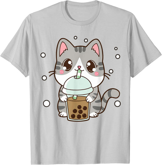 Cat Boba Bubble Tea Cute Kawaii Anime Teen Girl Kids Graphic T-Shirt - T-Shirt | Ash
