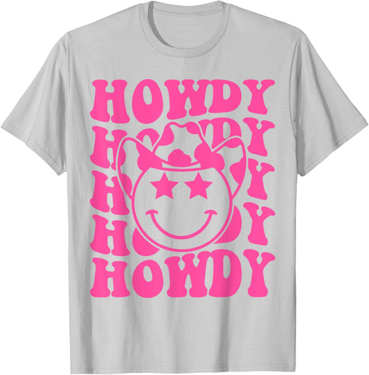 Pink Howdy Smile Face Rodeo Western Country Southern Cowgirl T-Shirt - T-Shirt | Ash