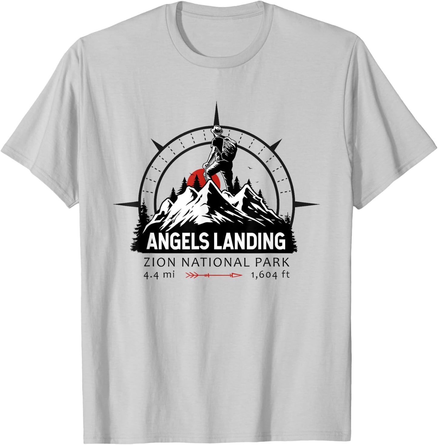 Angels Landing Trail Utah Hiker Compass Emblem T-Shirt - T-Shirt | Ash