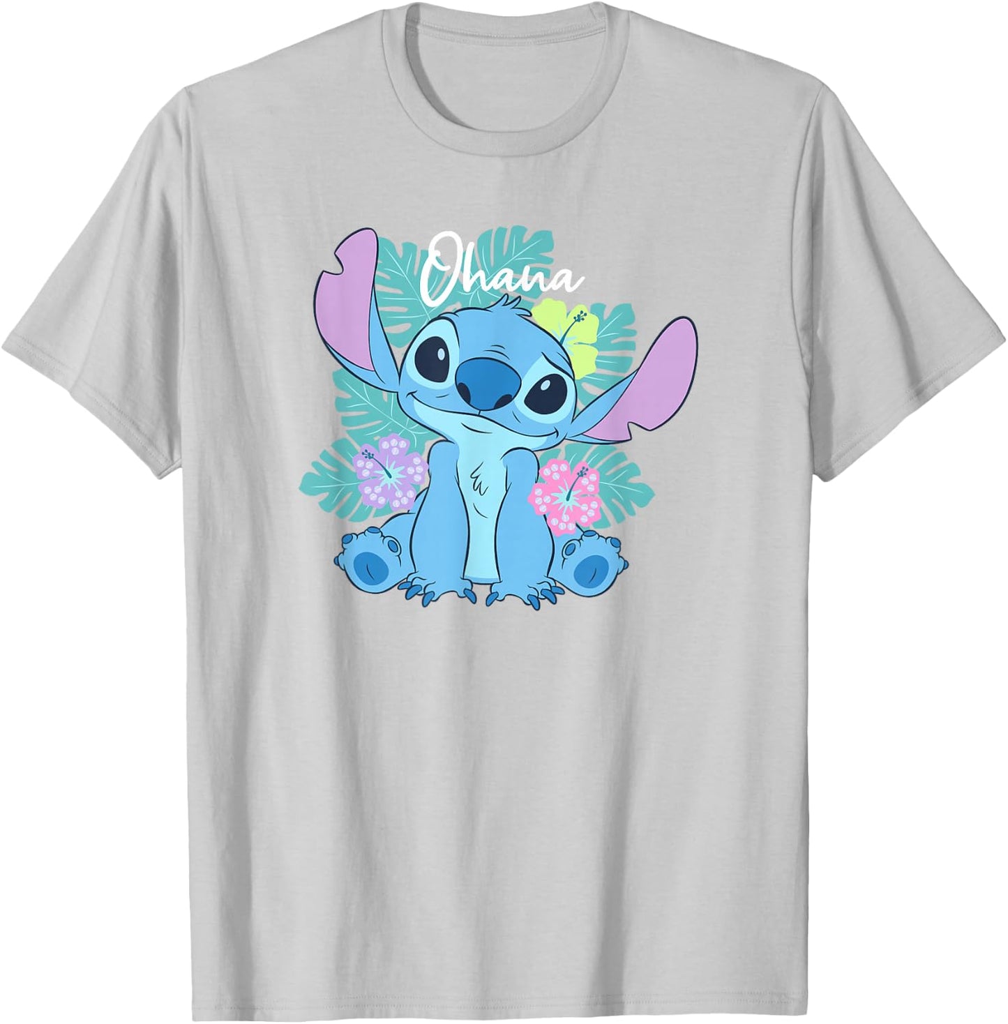 Disney Lilo & Stitch Ohana Adorable Pose Floral Logo T-Shirt - T-Shirt | Ash