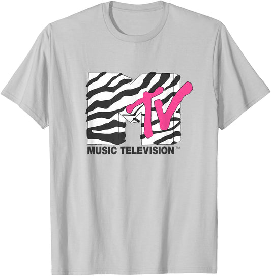 MTV Music Television Retro Eighties Neon Zebra Print Logo T-Shirt - T-Shirt | Ash
