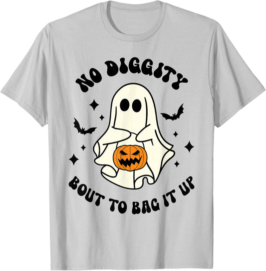 Halloween Ghost No Diggity Bout To Bag It Up Funny T-Shirt - T-Shirt | Ash