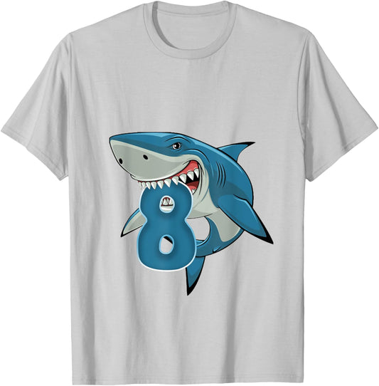 Boy 8th Birthday Shark 8 Year Old Birthday Shark Theme Party T-Shirt - T-Shirt | Ash