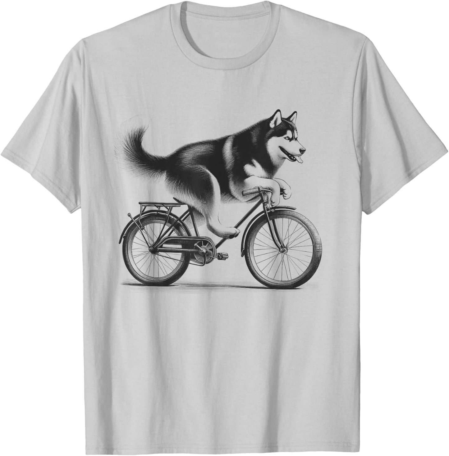 Siberian Husky Dog Riding a Bike Bicycle Biker Cycling T-Shirt - T-Shirt | Ash