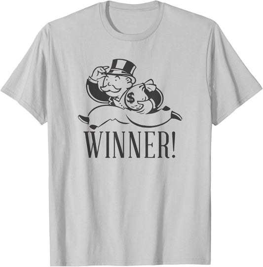 Monopoly Mr. Monopoly Winner! Classic Running Money Bag Logo T-Shirt - T-Shirt | Ash