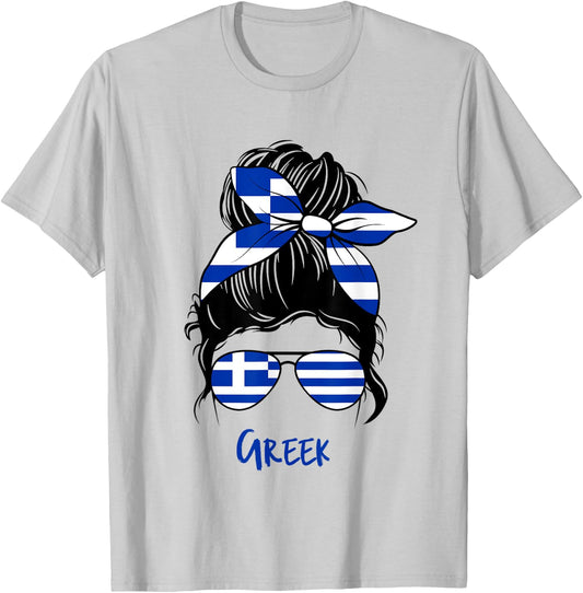 Greek Girl Bandana Glasses Flag Colors Hellenic Pride T-Shirt - T-Shirt | Ash