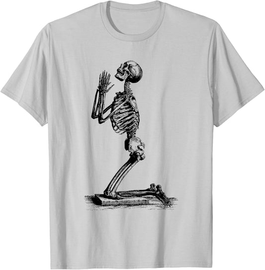 Vintage Illustration of a Praying Skeleton T-Shirt - T-Shirt | Ash