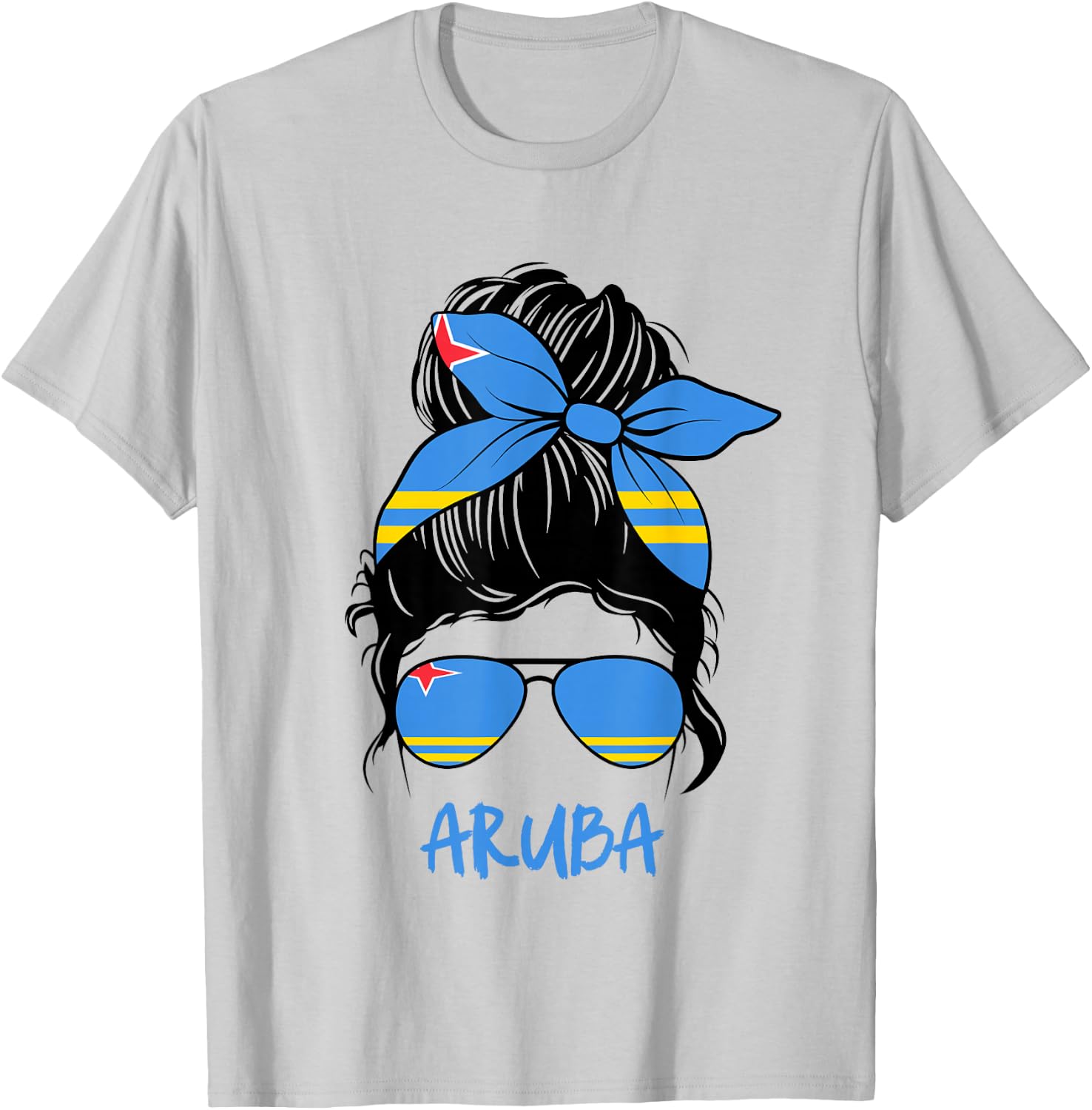 Aruba Messy bun with Flag Bow Sunglasses and Caribbean Pride T-Shirt - T-Shirt | Ash