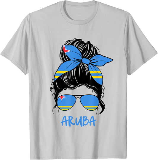 Aruba Messy bun with Flag Bow Sunglasses and Caribbean Pride T-Shirt - T-Shirt | Ash