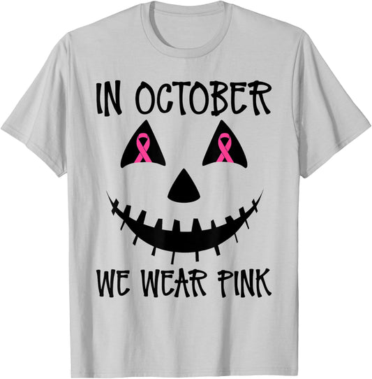In October We Wear Pink Jackolantern Halloween Breast Cancer T-Shirt - T-Shirt | Ash