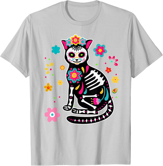 Dia de Los Muertos Cat Shirt Mexican Sugar Skull Day of Dead Women Kids T-Shirt - T-Shirt | Ash