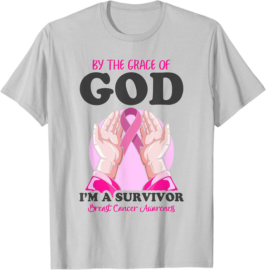 By The Grace God I'm A Survivor Breast Cancer Survivor T-Shirt - T-Shirt | Ash