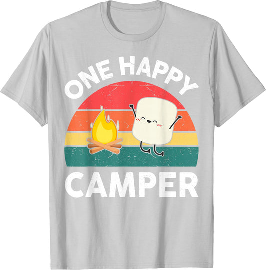 Kids One Happy Camper Toddler Boy Funny Marshmallow Camping T-Shirt - T-Shirt | Ash