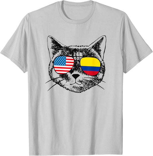 Funny Cat Half American Colombian Colombia Flag Men Women T-Shirt - T-Shirt | Ash