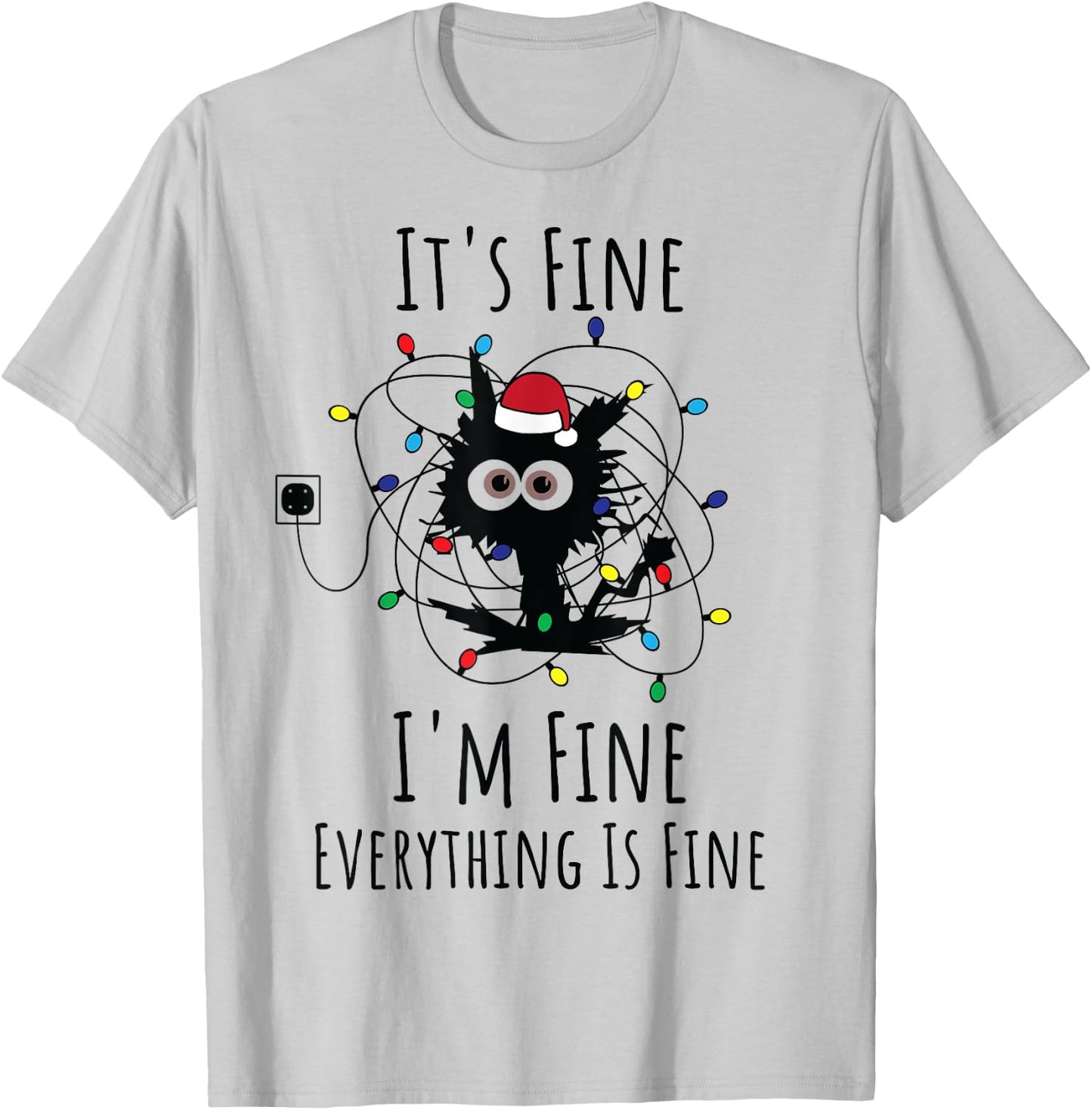 I'm Fine Everything Is Fine Cute Cat Christmas Lights Xmas T-Shirt - T-Shirt | Ash